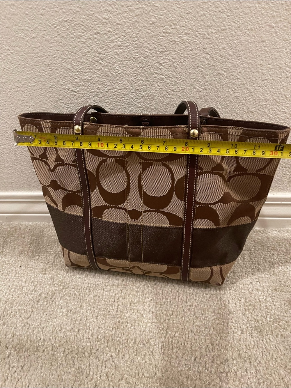 Coach Signature Stripe Brown Canvas Tote Bag with Legacy Stripe Lining - Picture 8 of 9